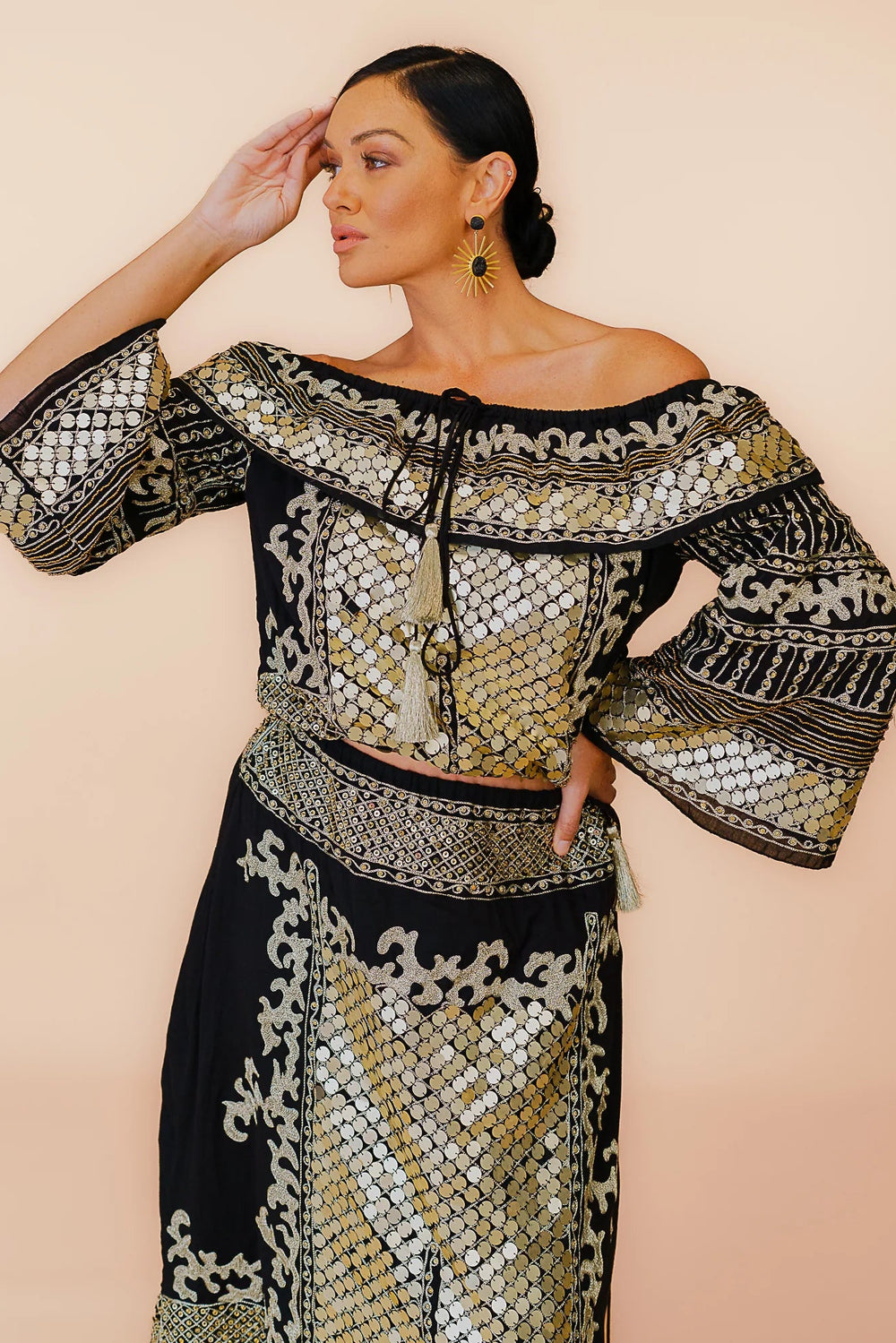 Anannasa Kali Embelished Off Shoulder Top Black