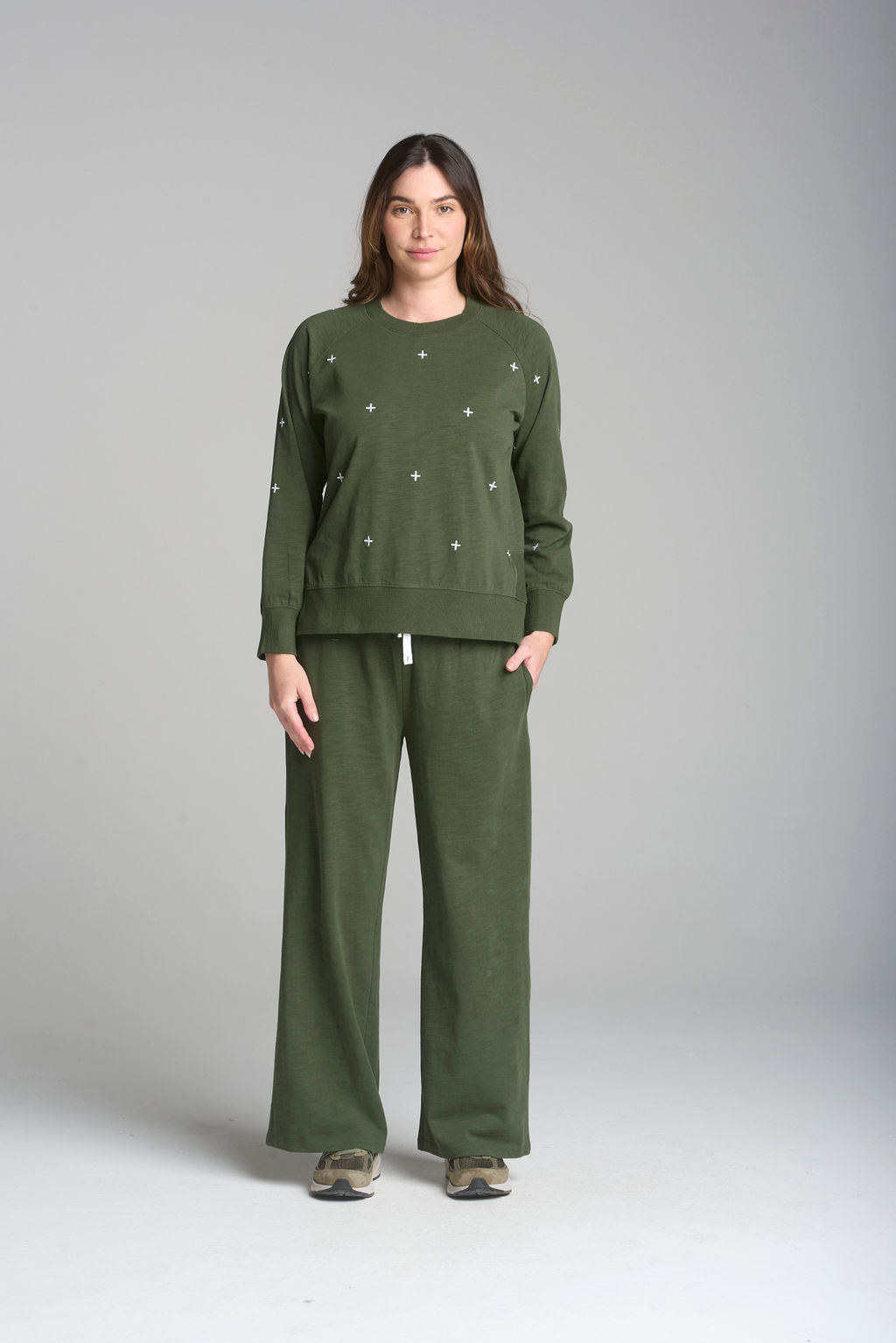 Cross Full Embroidered Sweater - Bronze Green