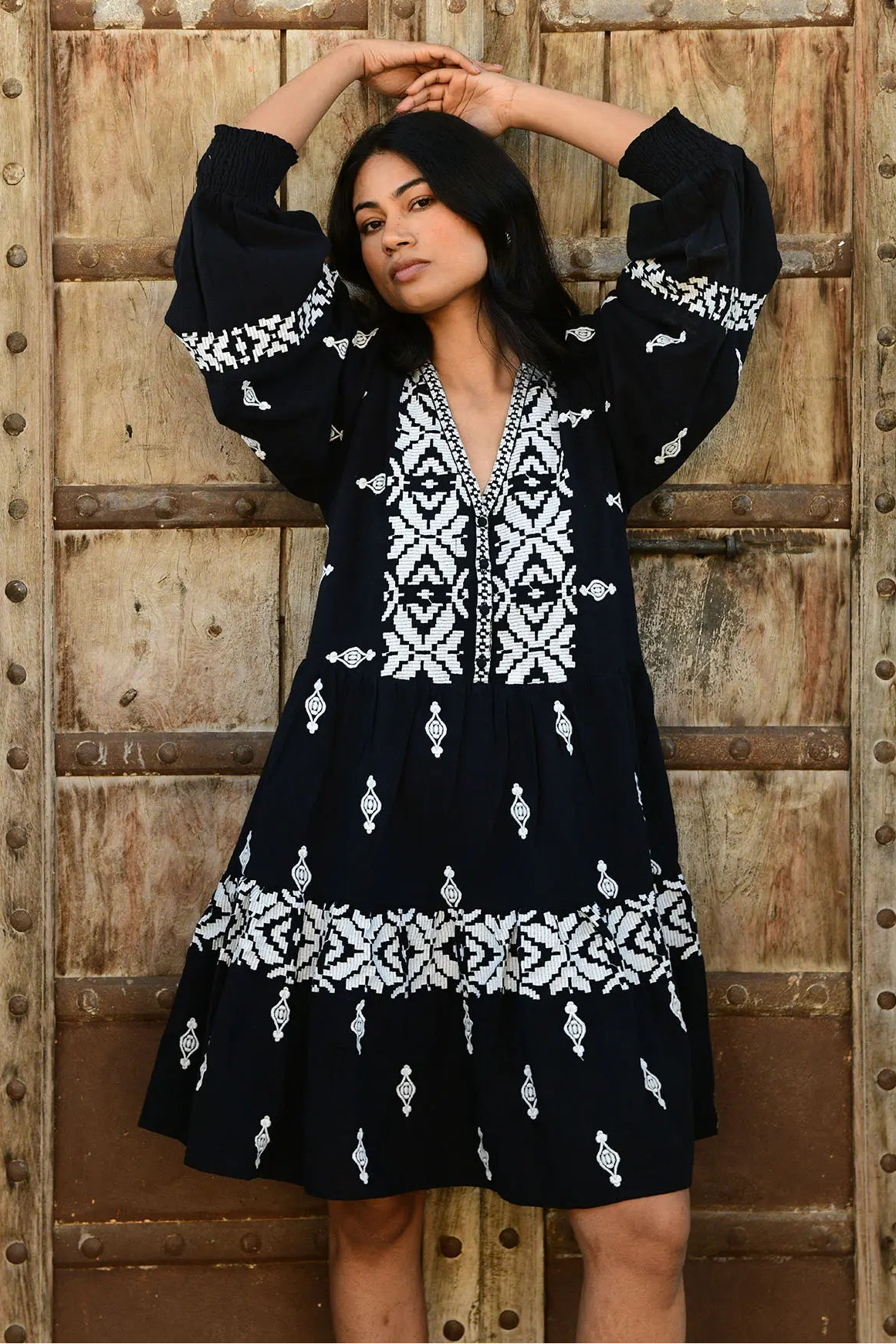 Folk Mini Dress - Black/White
