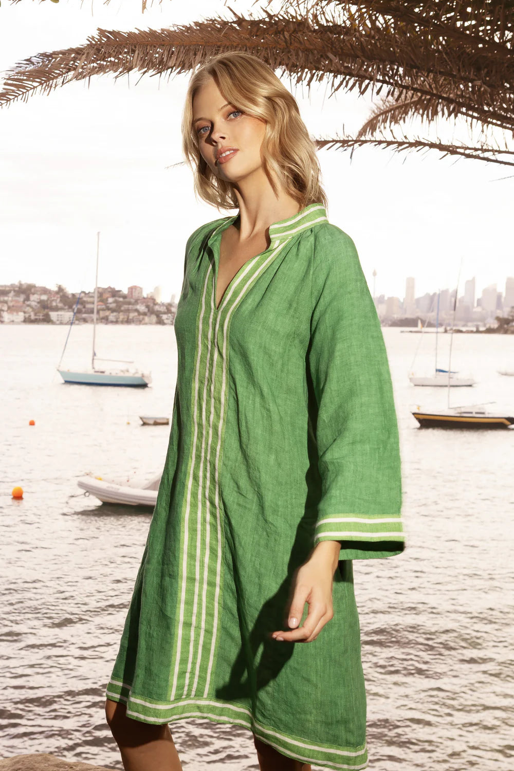 emerald linen dress Emerald Linen Midi Pinafore Dress - Fit and Flare Silhouette 5200