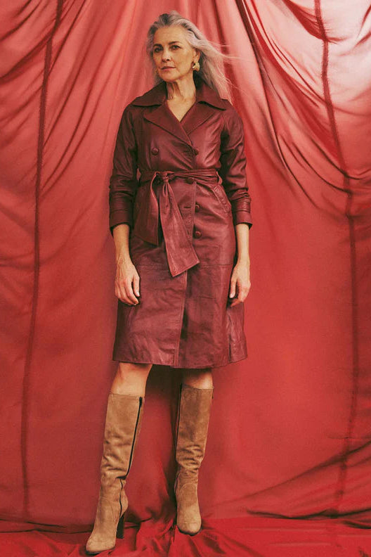 Astra Leather Trench Coat - Scarlet