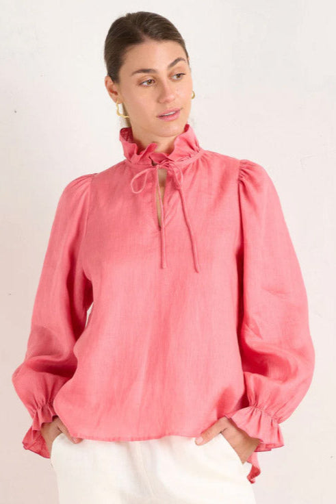 Linen Frill Neck Top - Rouge
