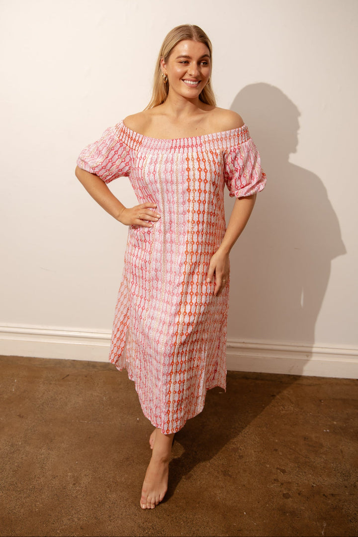 Geo Lines Off Shoulder Sundress - Orange
