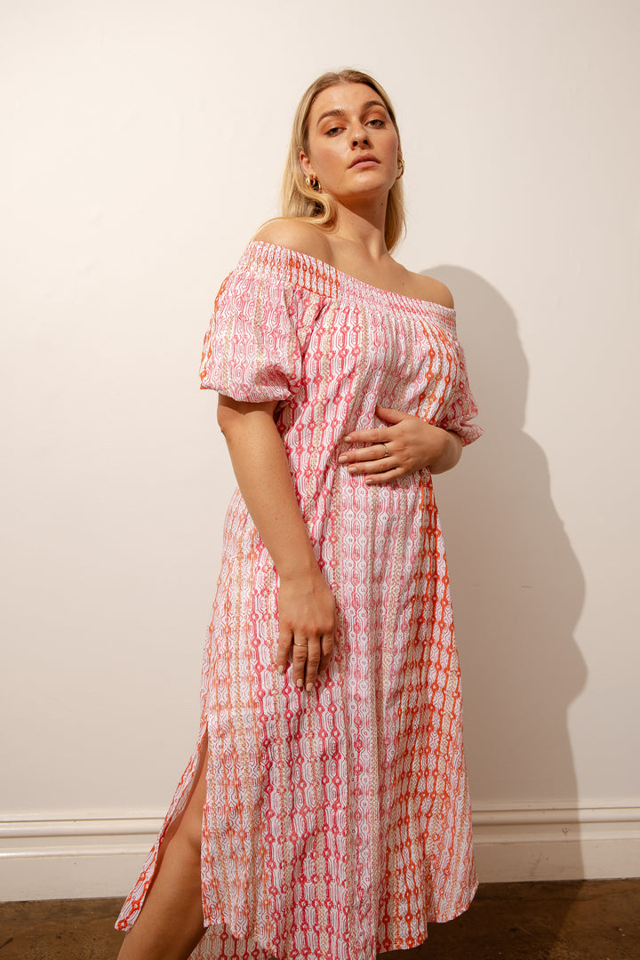 Geo Lines Off Shoulder Sundress - Orange