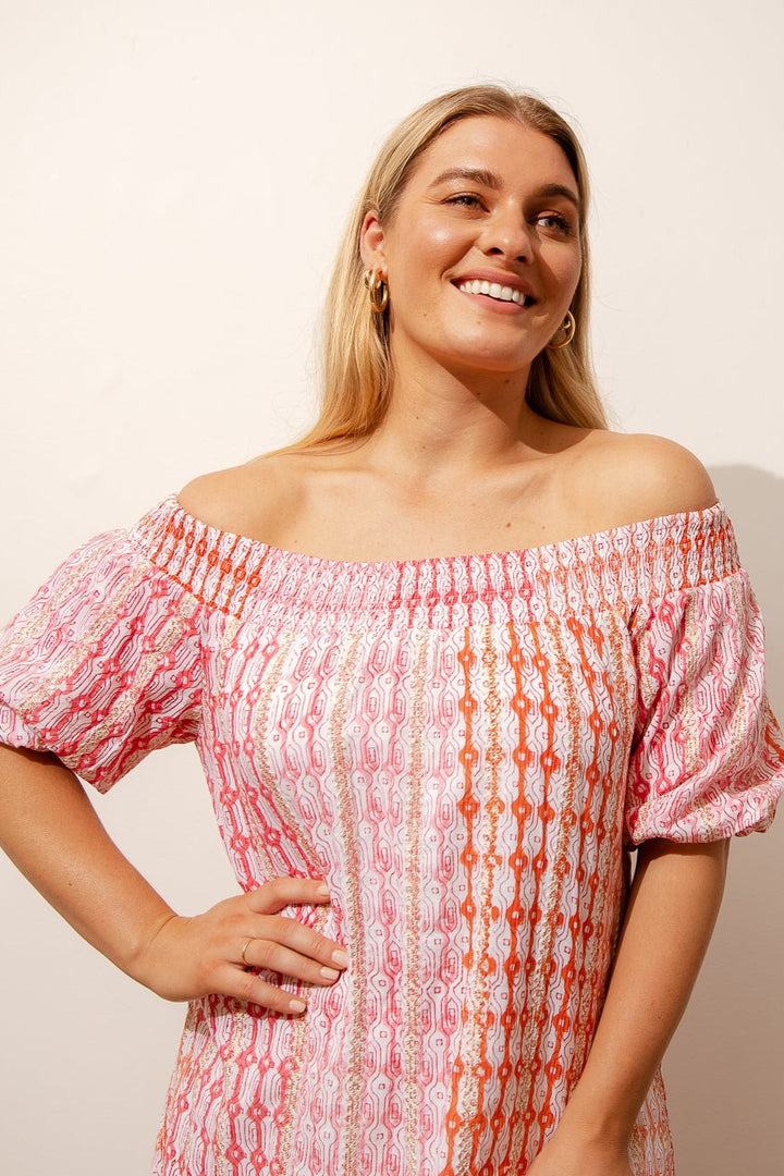 Geo Lines Off Shoulder Sundress - Orange