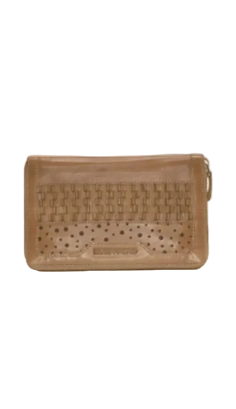 A tan leather zip-around wallet with a woven basketweave pattern on the front and a perforated leather design below, shown on a plain white background.