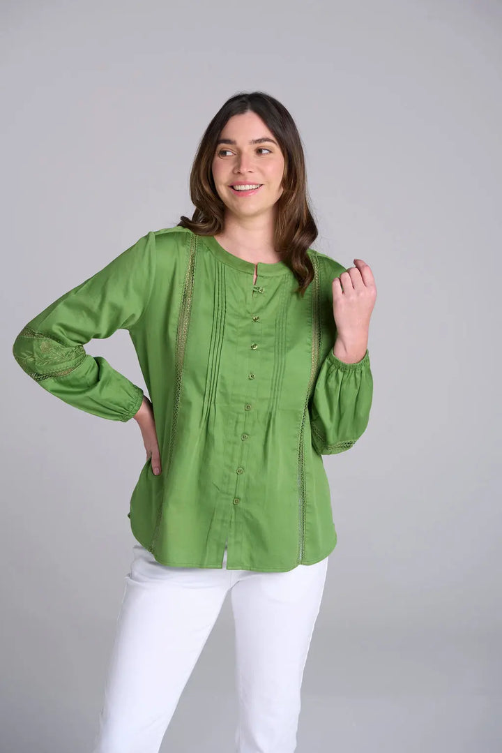 Cotton Ladder Detail Blouse - Banana Palm