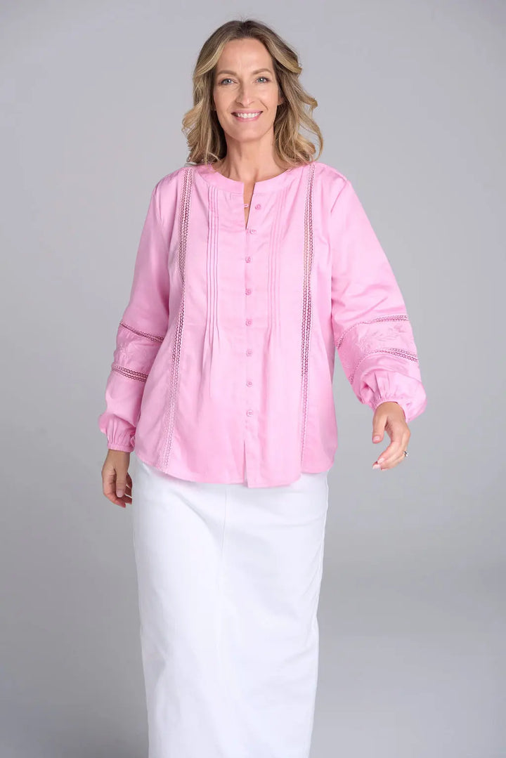 Cotton Ladder Detail Blouse - Pink