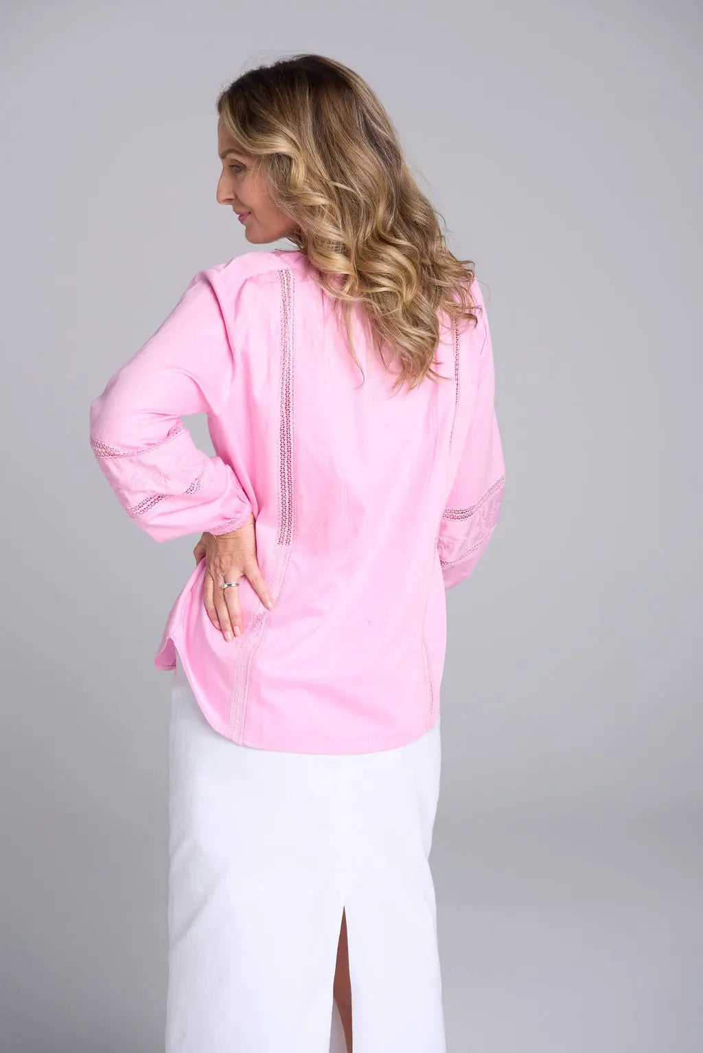 Cotton Ladder Detail Blouse - Pink