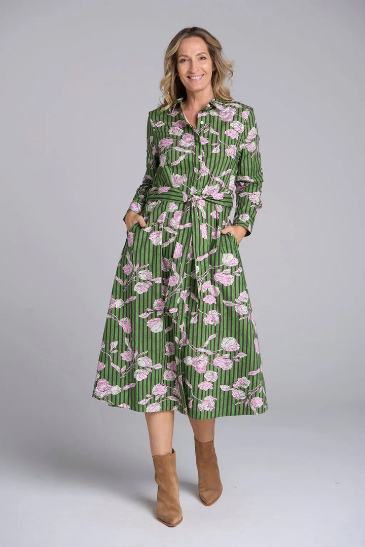 Midi Shirt Dress - Leaf Green Print