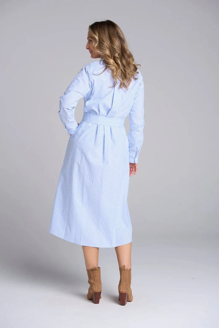 Stripe Dress with Self Belt - Blue/White