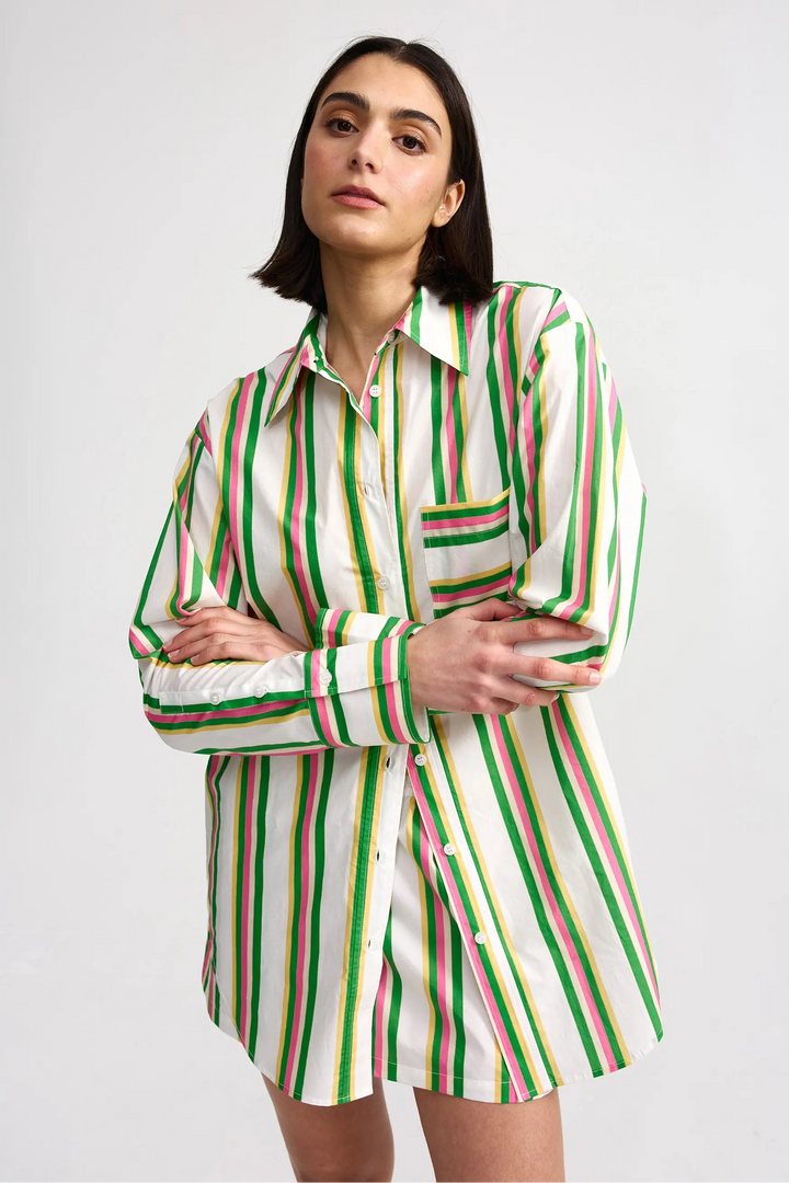 Woman wearing a striped shirt dress against a white background. Aston Studio Buddy Shirt Meadow Sorbet