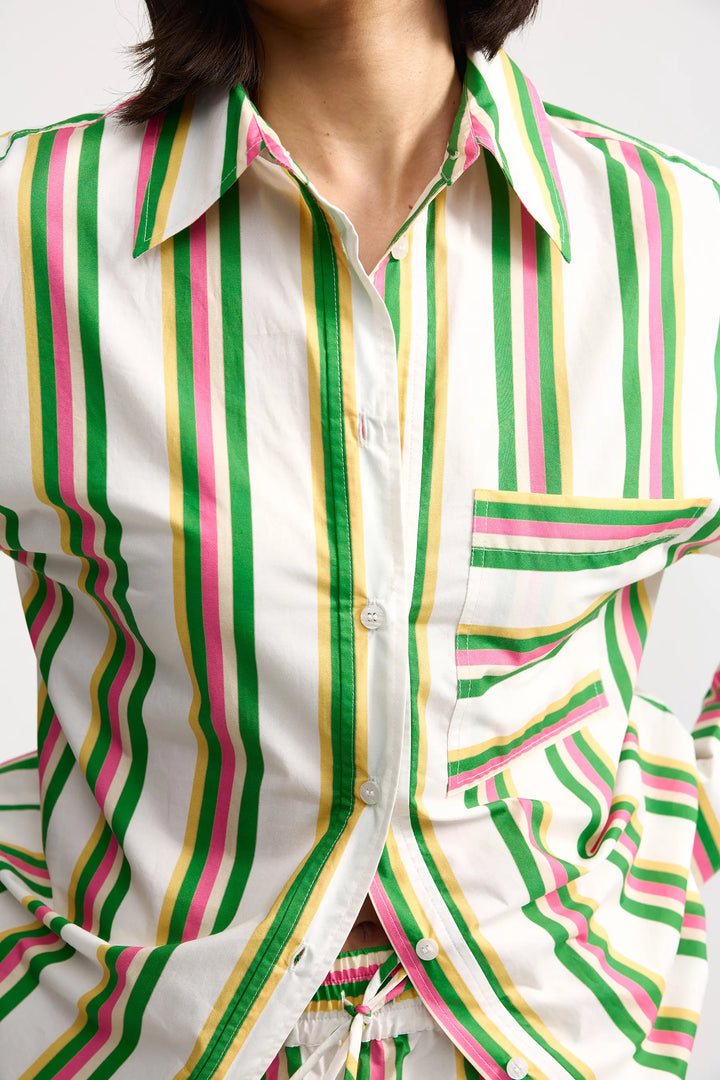 Striped shirt with green, pink, and yellow pattern on a white background. Aston Studio Buddy Shirt Meadow Sorbet
