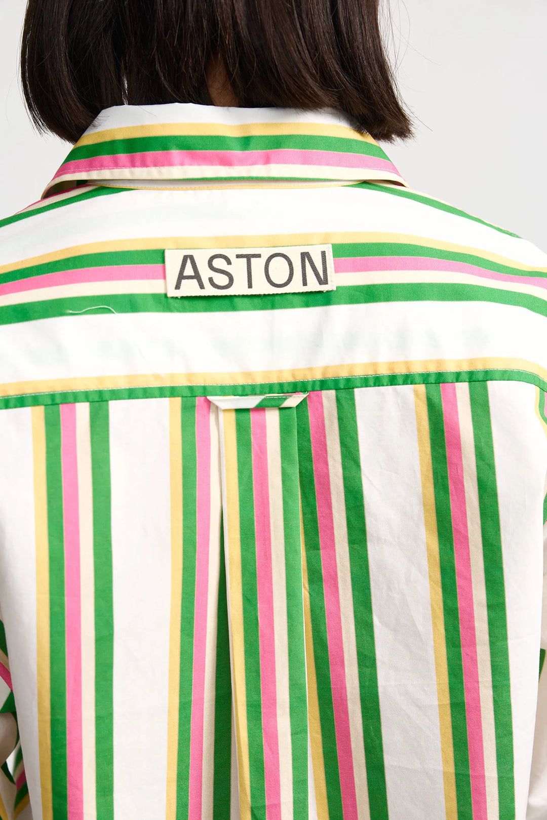Striped shirt with 'ASTON' label on a white background. Aston Studio Buddy Shirt Meadow Sorbet