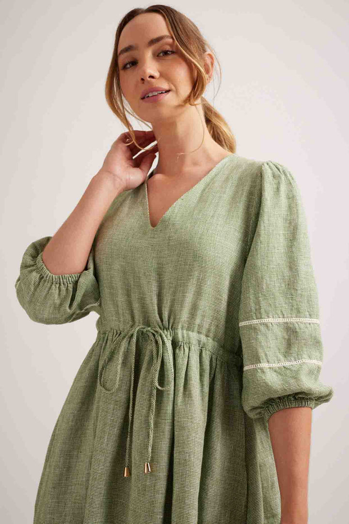 Ada Dress - Olive Houndstooth