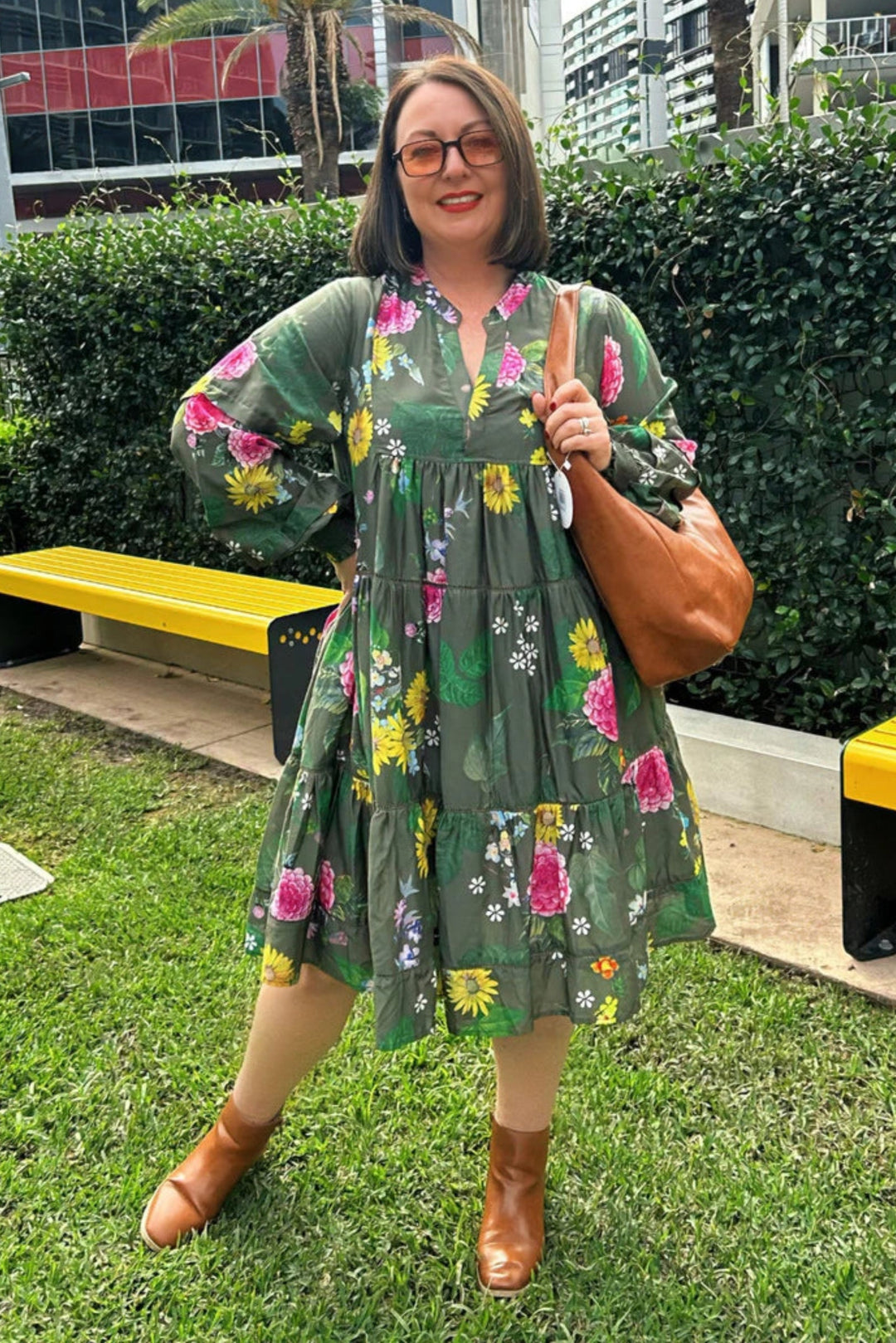 Alessandra Annabelle Dress, floral midi dress in olive colour 