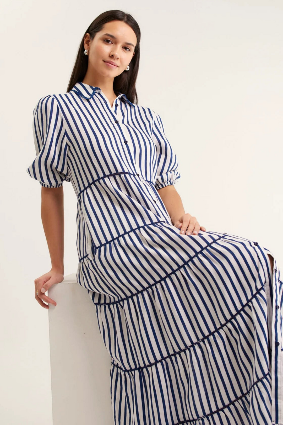 Alessandra Marlow Bretton Linen Dress Navy White