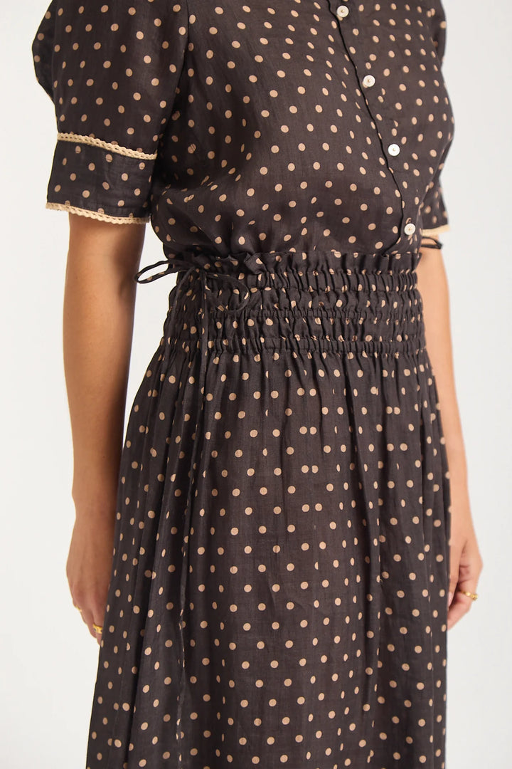 Black polka dot dress with a white background