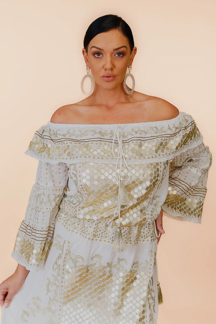 Kali Embellished Off Shoulder Top - Ivory