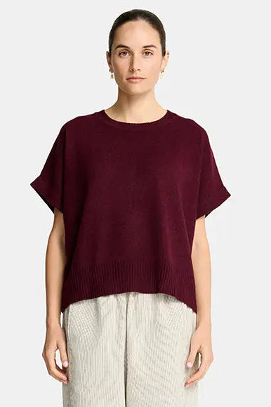 Woman wearing a burgundy top and beige pants on a white background