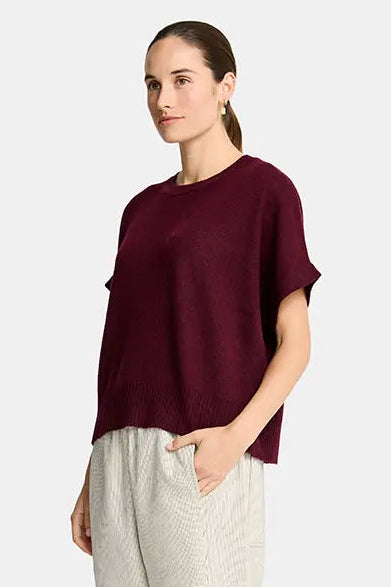 Woman wearing a burgundy top and beige pants on a white background