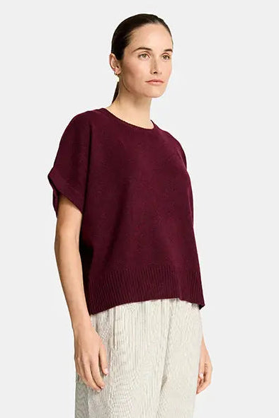 Woman wearing a burgundy top and beige pants on a white background