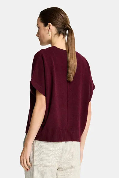 Woman wearing a burgundy top and beige pants on a white background