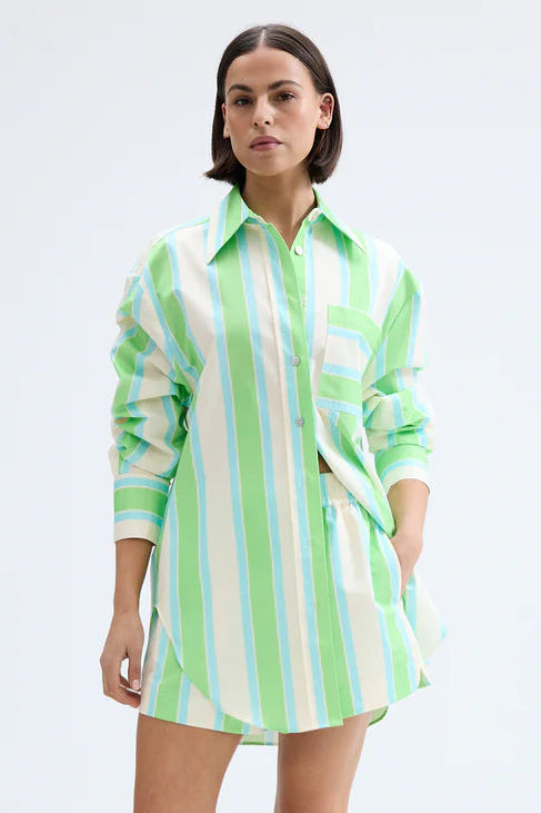Woman wearing a green and white striped shirt dress on a white background. Aston Studio Buddy Shirt Fern Lapis Stripe 