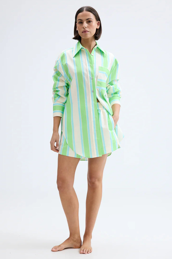 Woman wearing a green and white striped shirt dress on a white background. Aston Studio Buddy Shirt Fern Lapis Stripe 