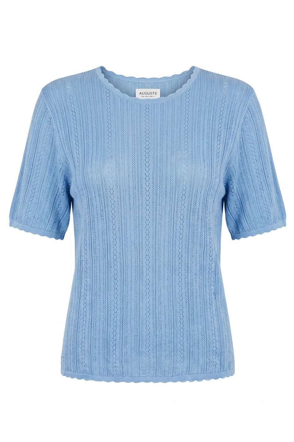 A light blue short-sleeve knit top with a textured vertical rib pattern and a scalloped neckline, shown on a plain white background.