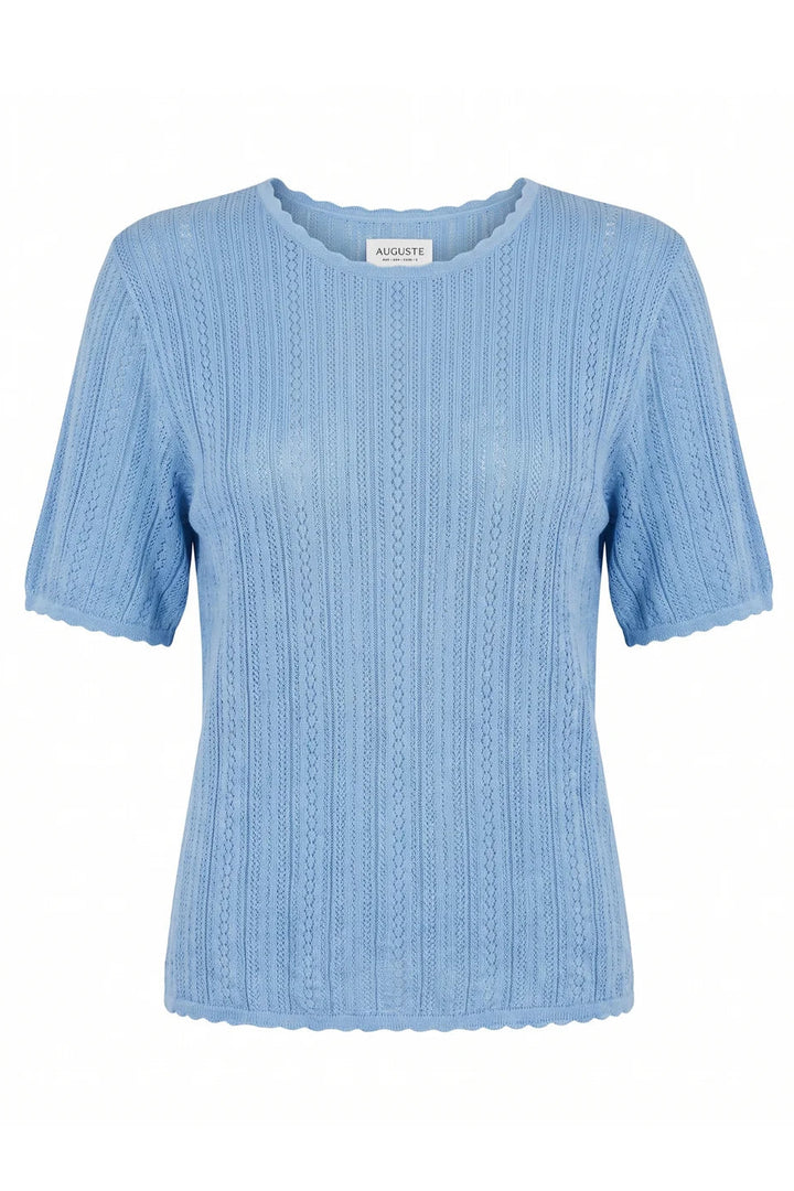 A light blue short-sleeve knit top with a textured vertical rib pattern and a scalloped neckline, shown on a plain white background.