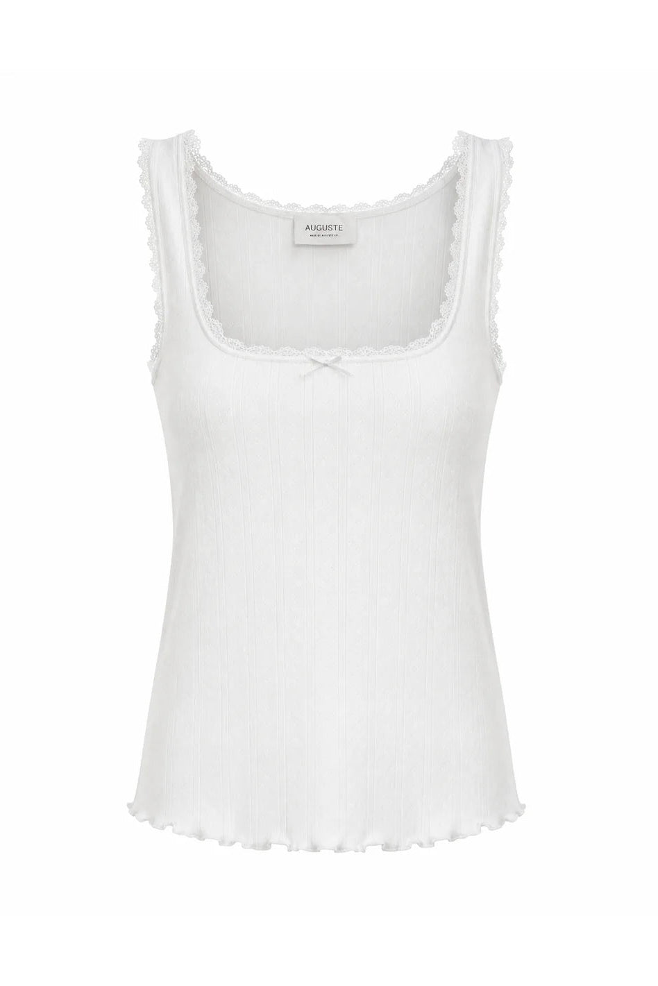 A white ribbed knit tank top with a scoop neckline, scalloped trim along the armholes and hem, and a small bow detail at the center chest, shown against a plain white background.