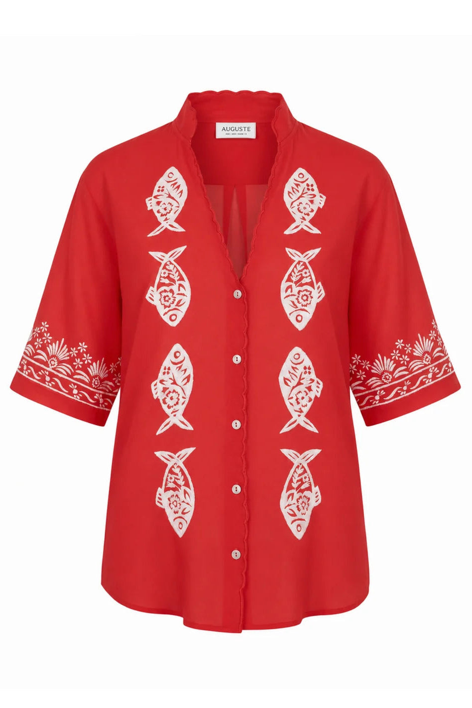 A red short-sleeve button-up shirt with white fish and floral patterns printed on the front and sleeves, shown against a plain white background.