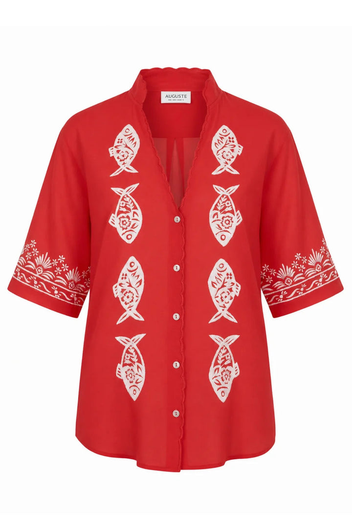 A red short-sleeve button-up shirt with white fish and floral patterns printed on the front and sleeves, shown against a plain white background.