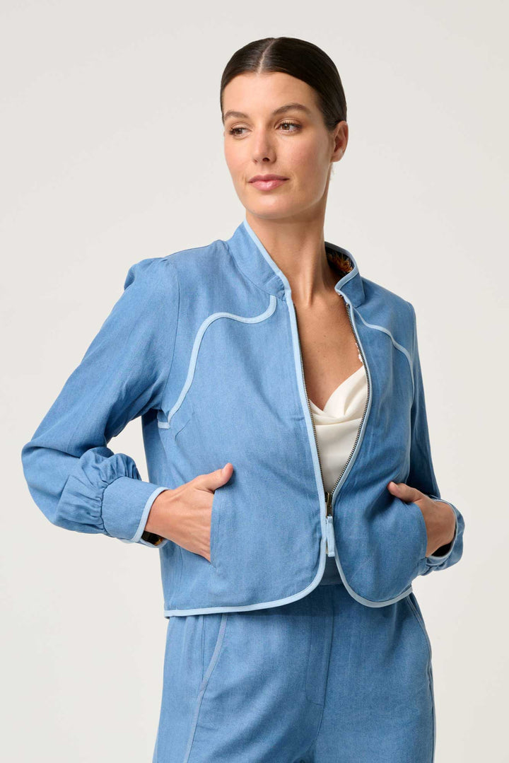 Aurora Reversible Viscose & Tencel Fringe Jacket in Petinos Floros / Blue Ash