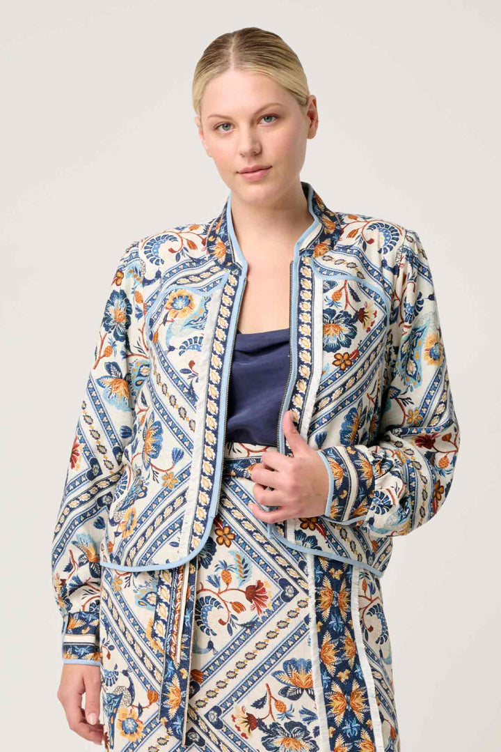 Aurora Reversible Viscose & Tencel Fringe Jacket in Petinos Floros / Blue Ash