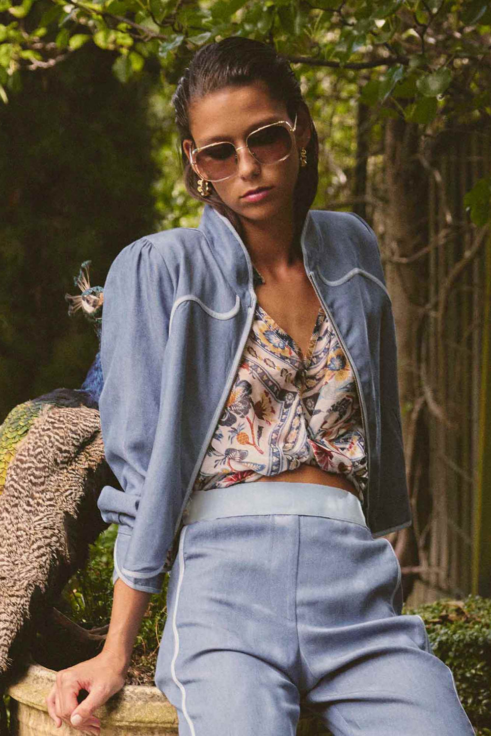 Aurora Reversible Viscose & Tencel Fringe Jacket in Petinos Floros / Blue Ash