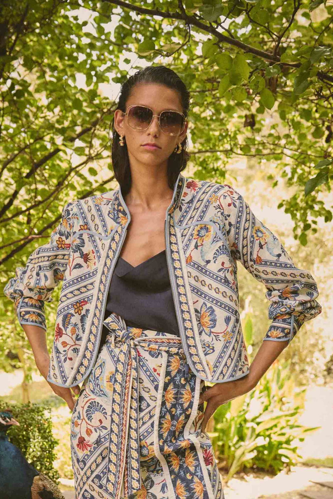 Aurora Reversible Viscose & Tencel Fringe Jacket in Petinos Floros / Blue Ash