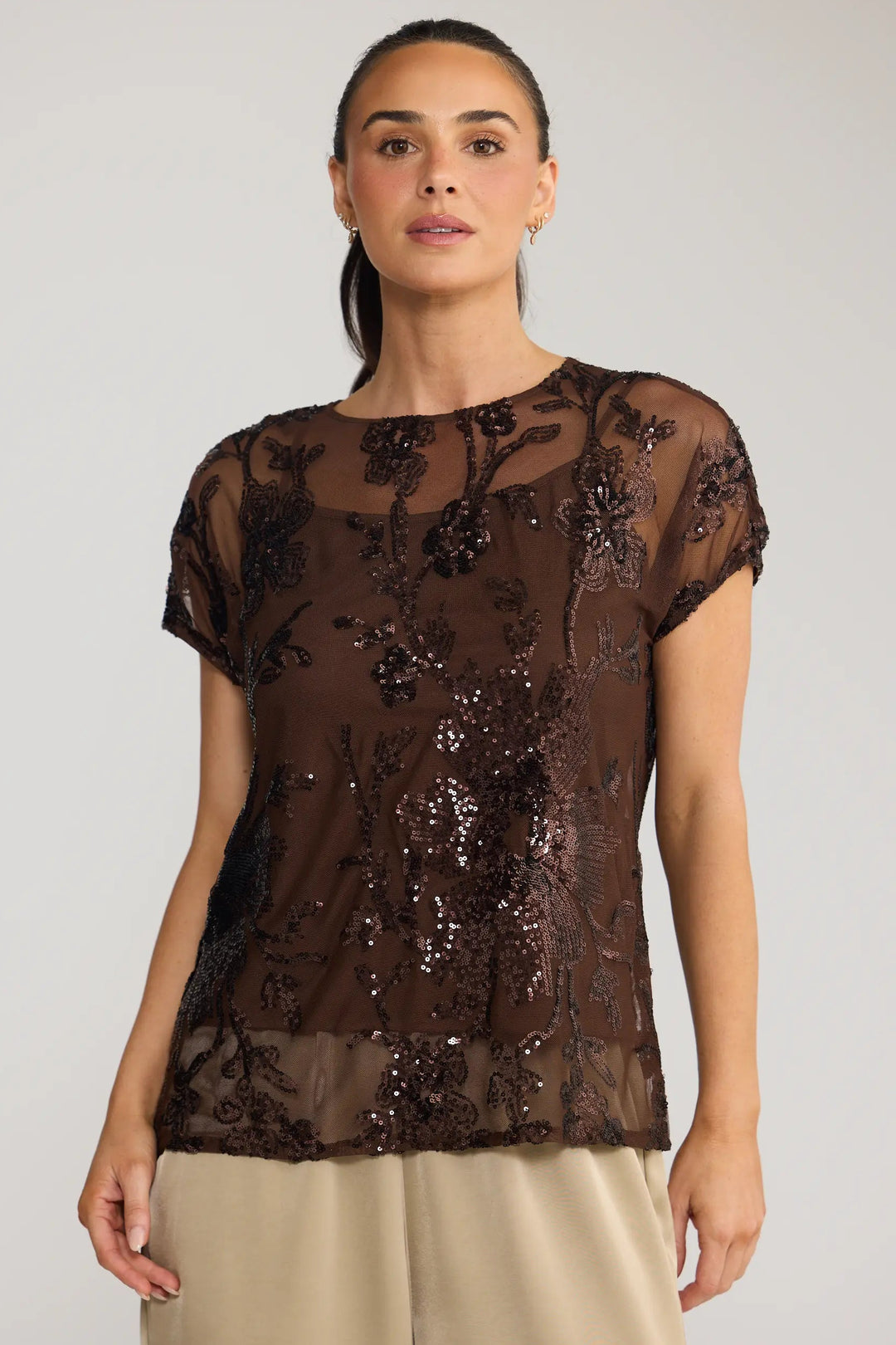 Lavish Sequin Top - Choc Floral