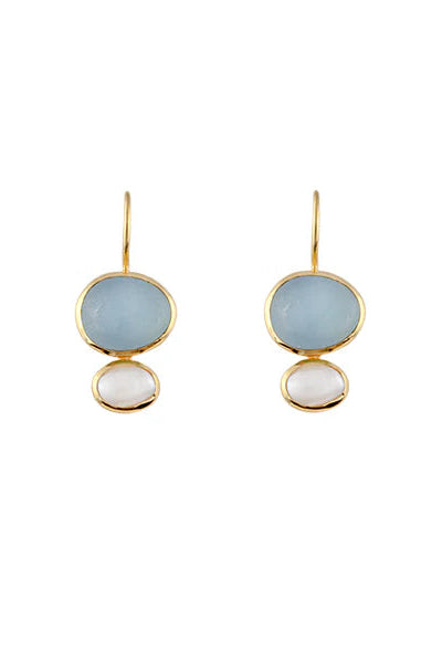 Pair of earrings with gold frames and blue and white stone drops on a white background