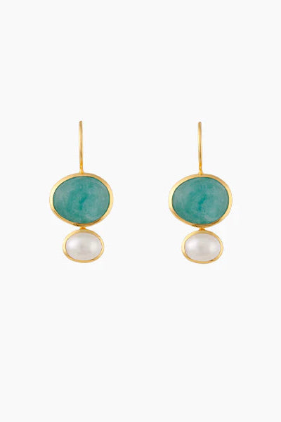 A pair of gold drop earrings featuring oval green stones on the top and white pearl-like drops below, set against a plain white background.