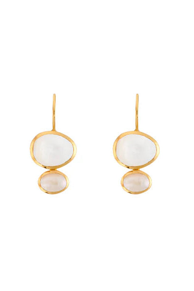 Pair of gold earrings with white stones on a white background