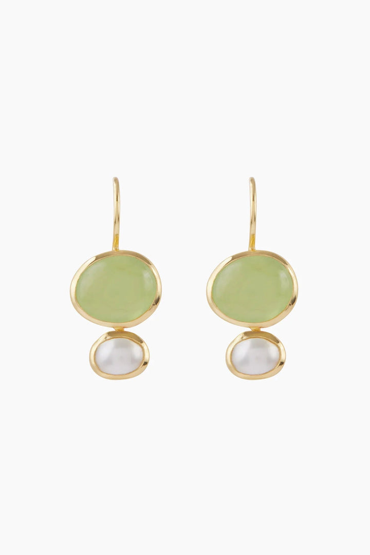 A pair of gold drop earrings featuring a large light green oval stone and a smaller white pearl-like stone, set in gold on a plain white background.
