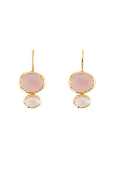 A pair of gold drop earrings featuring oval pink stones on the top and round white stones below, set against a plain white background.