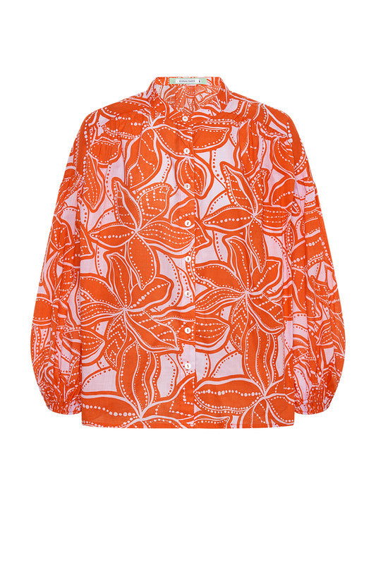 A billow sleeve blouse with a floral pattern in orange and pink, featuring a band collar and elastic cuff.