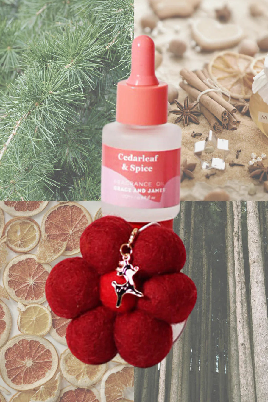 Bottle of 'Cedarleaf & Spice' essential oil with a red flower-shaped felt air freshener on a textured background. Cedarleaf & Spice