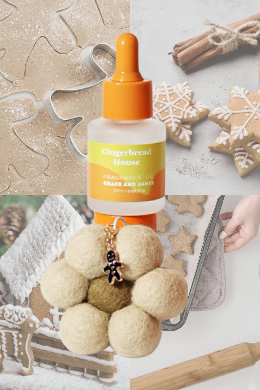 Gingerbread-themed flower shaped felt air freshener with baking tools and gingerbread cookies on a light background