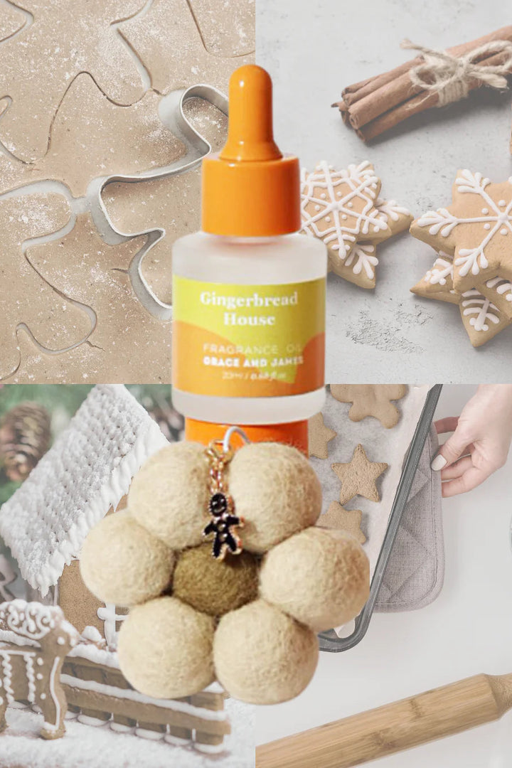 Gingerbread-themed flower shaped felt air freshener with baking tools and gingerbread cookies on a light background