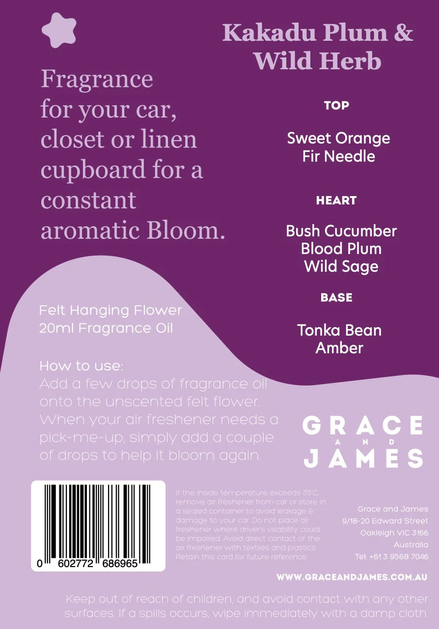 Product label for Kakadu Plum & Wild Herb fragrance by Grace and James with ingredient list and usage instructions.
