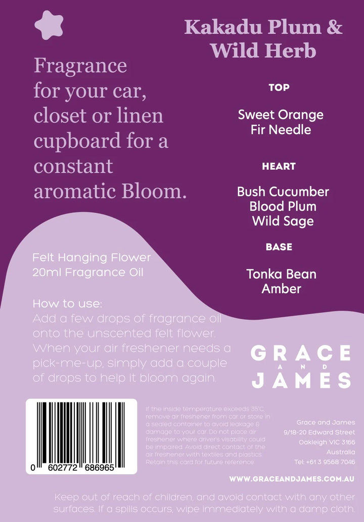 Product label for Kakadu Plum & Wild Herb fragrance by Grace and James with ingredient list and usage instructions.